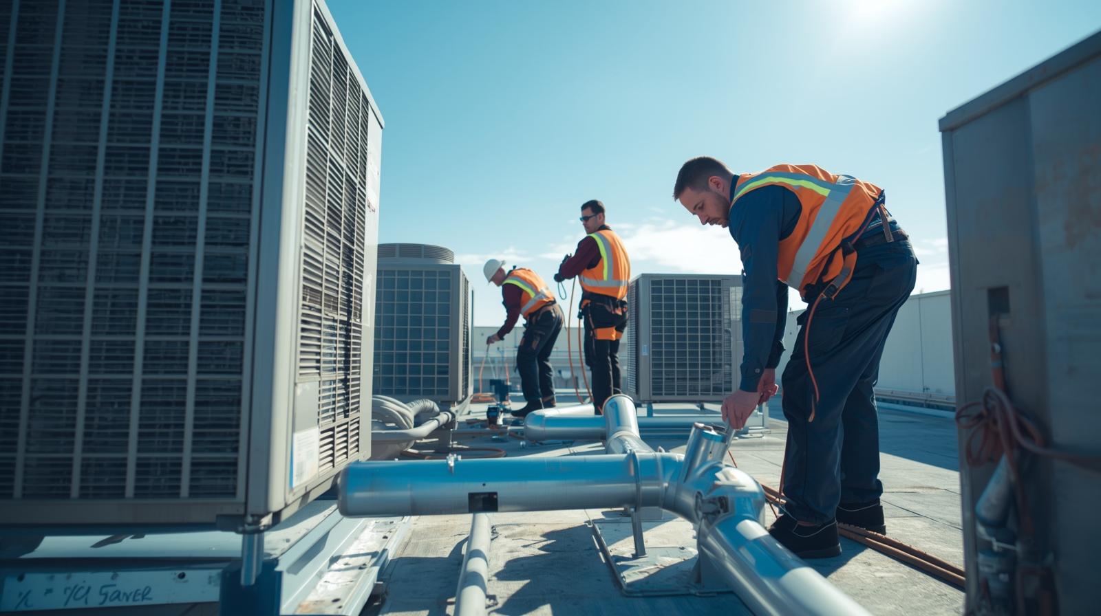 HVAC crew working on rooftop units