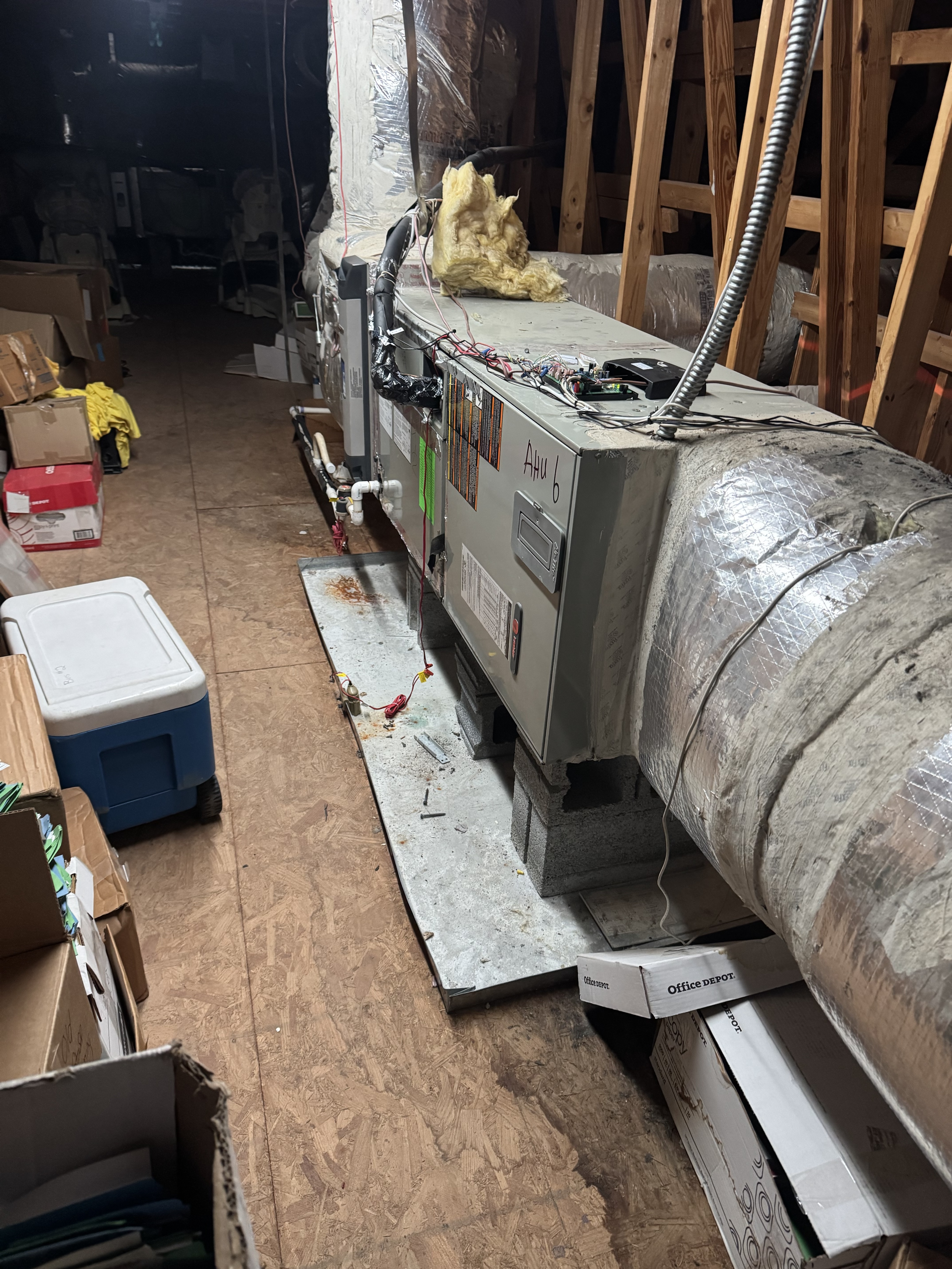 Commercial air handling unit in an attic space in Concord, North Carolina before replacement quote