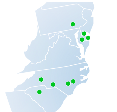 Garrett Mechanical service territory map across the Southeast and Mid-Atlantic